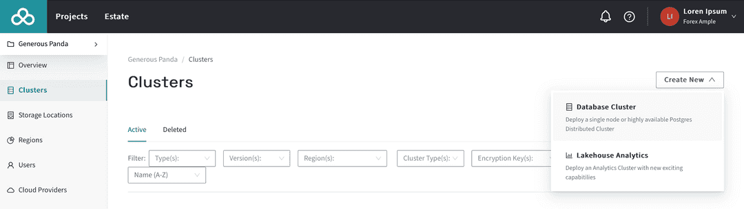 Quickstart Clusters view